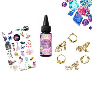 UV Set with 25ml UV Resin, 6 Open Bezels, and Stickers for Jewellery Making